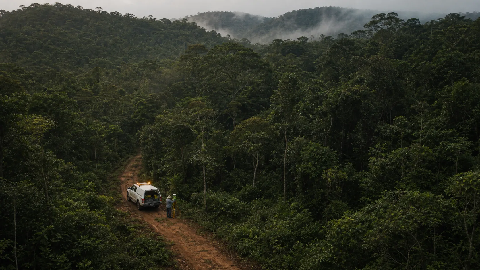 Veículo e equipe técnica em atividade de campo na floresta
